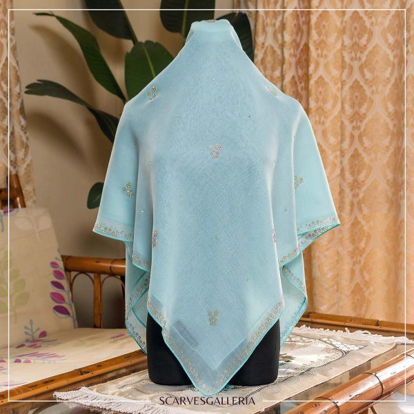 Bawal Magnolia In BLUE MINT | Anti-Slip Cotton Voile | Bidang 50 & 55